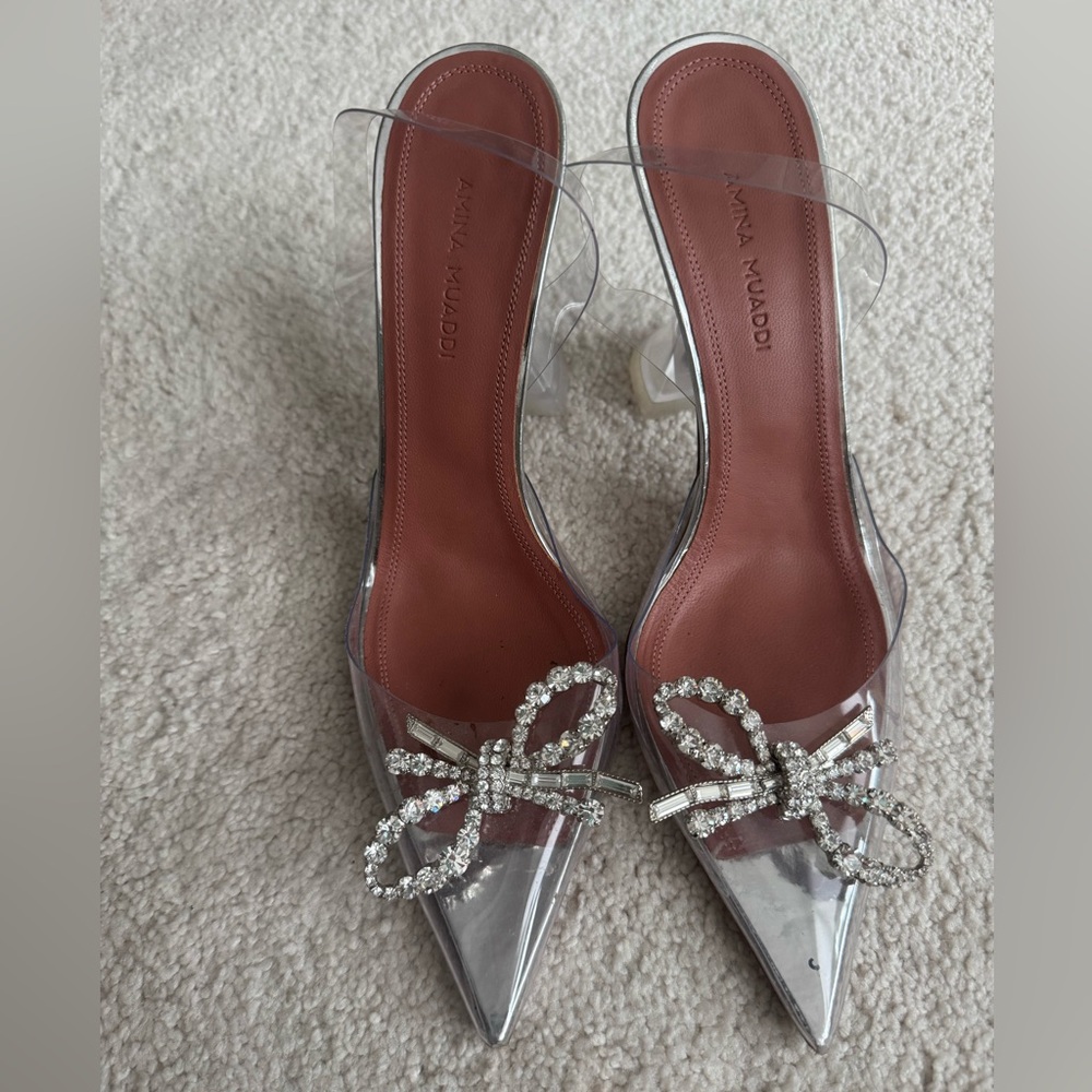 Amina Muaddi Silver Heels with Crystal Bow